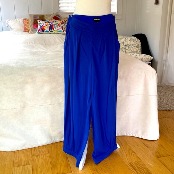 Giorgio Armani black label wide leg flowy pants, electric blue, silk insert IT46 - Picture 1 of 15
